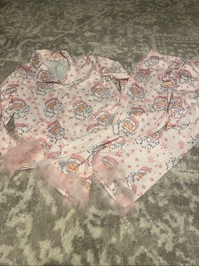 WomensPink Santa Print Pajama Set with Feather Trim*never worn
